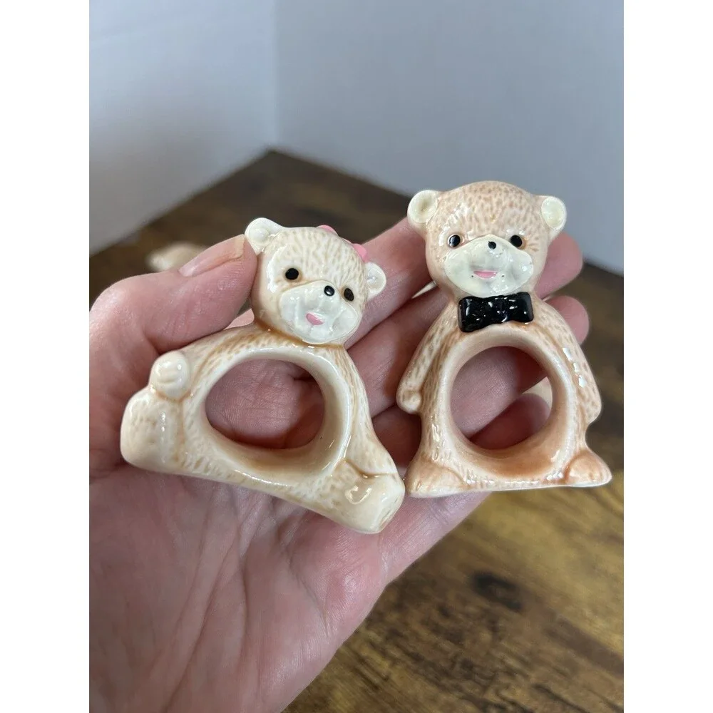 Vintage Taiwan Teddy Bear Ceramic Napkin Ring Holders Set of 8 Brown Boy Girl